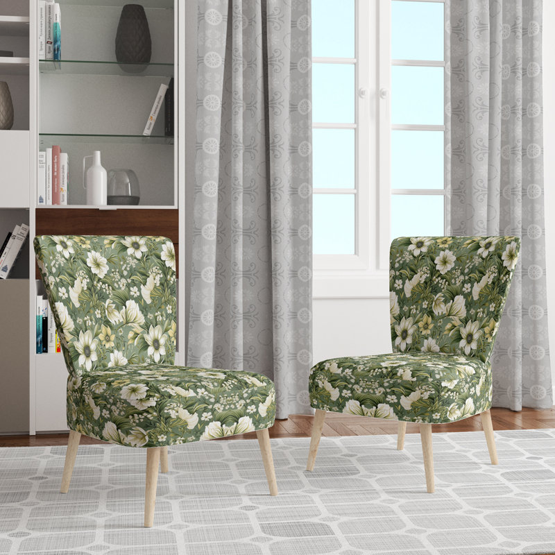 Red Barrel Studio Green Floral Flourishes Elegance I Upholstered Cottage Accent Side Chair Accent Chairs